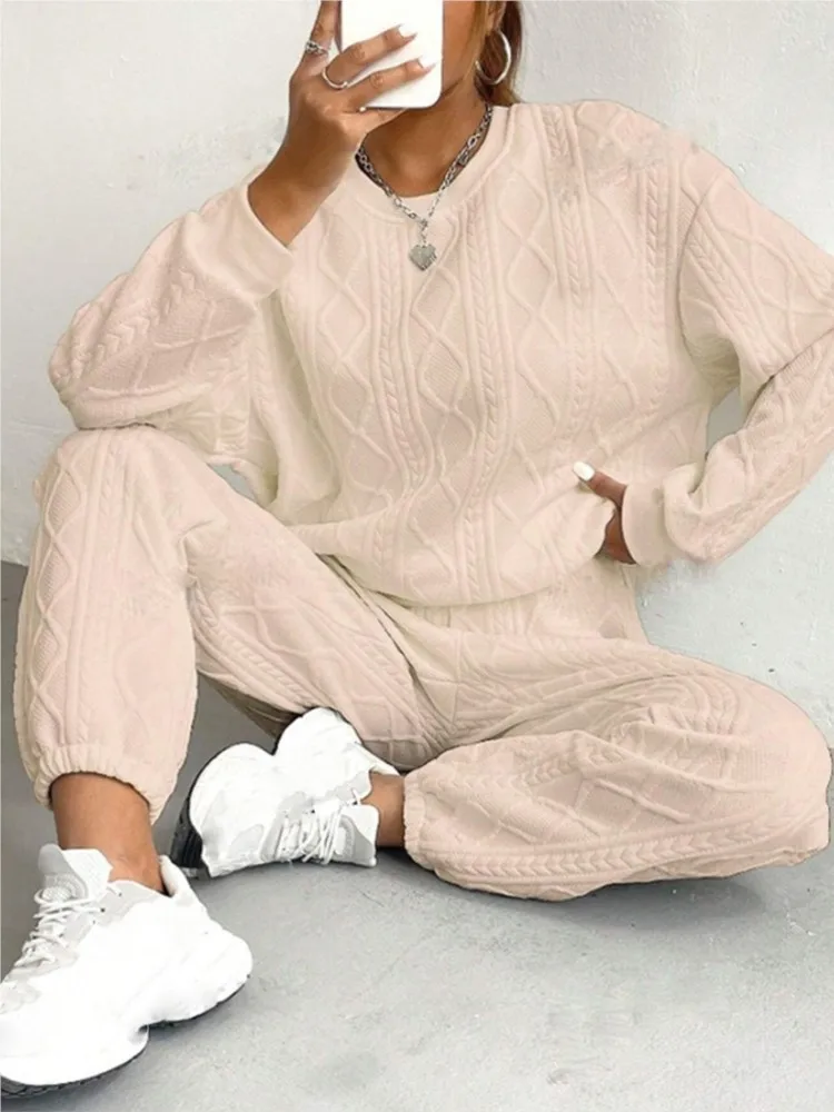 موضة الصلبة الرياضة مجموعة للنساء عادية كم طويل س الرقبة كنزة قطيفة القمم + السراويل 2 قطعة مجموعات سيدة الشارع الشهير الملابس جديد #2