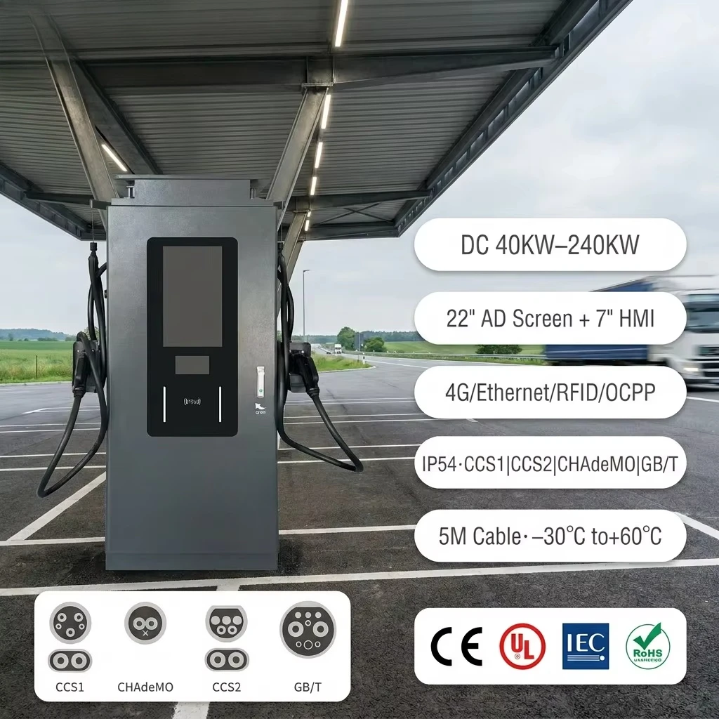 60KW 120KW 240KW Advertising Screen DC EV Charging Station Dual  CCS1 CCS2 CHADEMO GBT OCPP 1.6J 4G RFID IP54 EV Charger