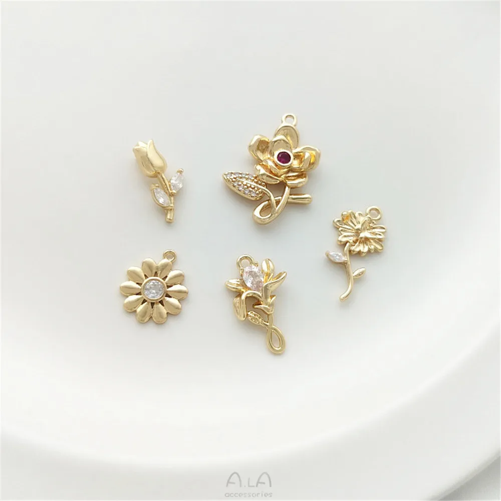 14K Pack Gold Color Preserving Zircon Small Daisy Tulip Rose Flower Pendant Handmade Earrings Bracelet Pendant