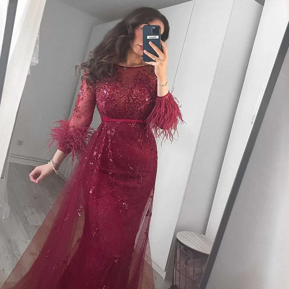 Luxury Mermaid Burgundy Evening Dress for Women 2024 Elegant O Neck Long Sleeves Beads Feather Formal Prom Wedding Party Gowns