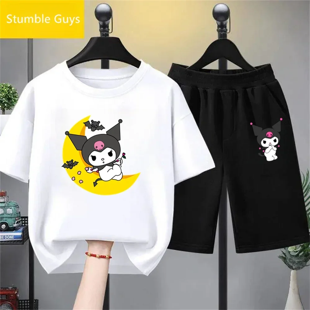 MINISO 2024 Anime Cartoon Summer Kuromi T-Shirt Trucksuit Hello Kitty 3D Printed Clothing Kids Girls Fashion T Shirt Casual Tops