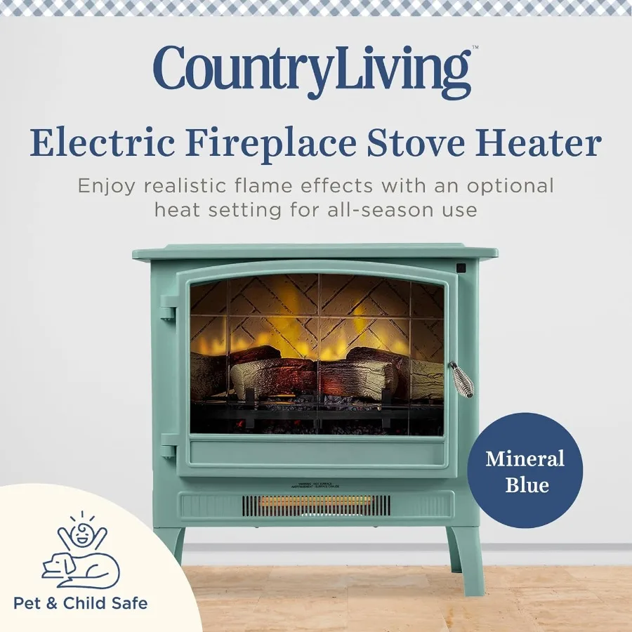 Infrared Freestanding Electric Fireplace Stove Heater in Mineral Blue with Metal Design and Faux Wooden Logs Multiple Flame Col
