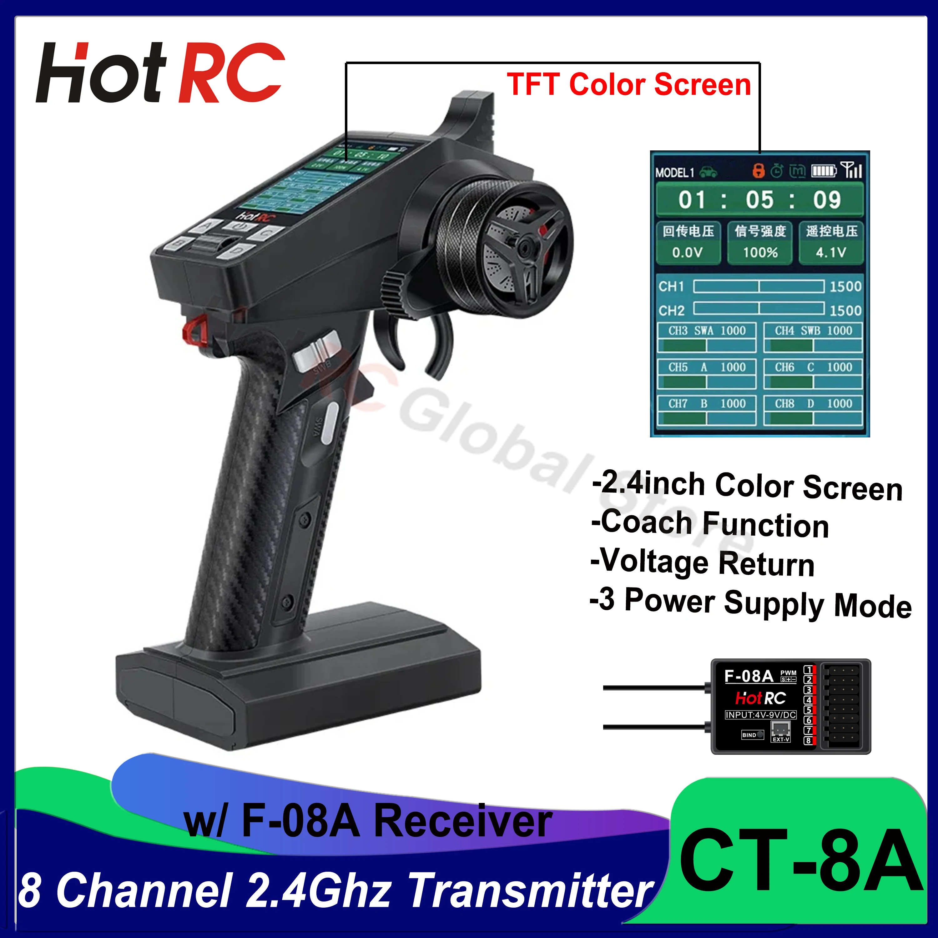 

HOTRC CT-8A 8-канальный пульт дистанционного управления 300m 2,4 ГГц FHSS 8CH радиопередатчик с приемником F-08A для радиоуправляемого автомобиля Багги лодки танка