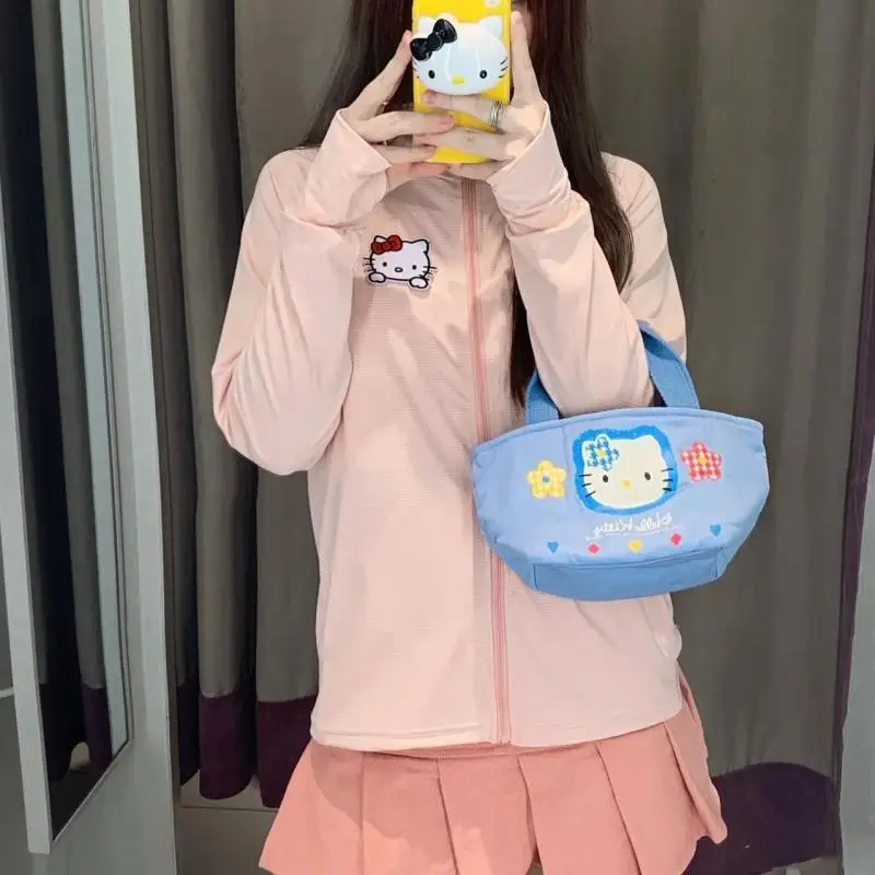 

Kawaii Hello Kitty Sanrio Sunscreen Shirt Pink Cartoon Printing Ice Shreds Ultraviolet Proof Long Sleeved