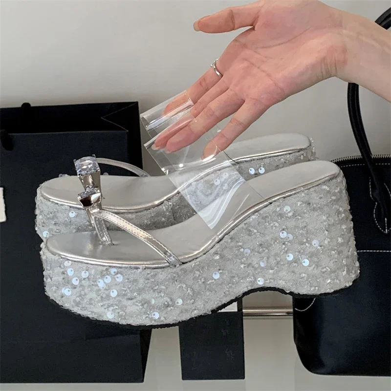 Eilyken Designer Crystal Sequin Cloth Platform Wedge Slippers Women Street Style Clip Toe High Heels Banquet Summer Shoes