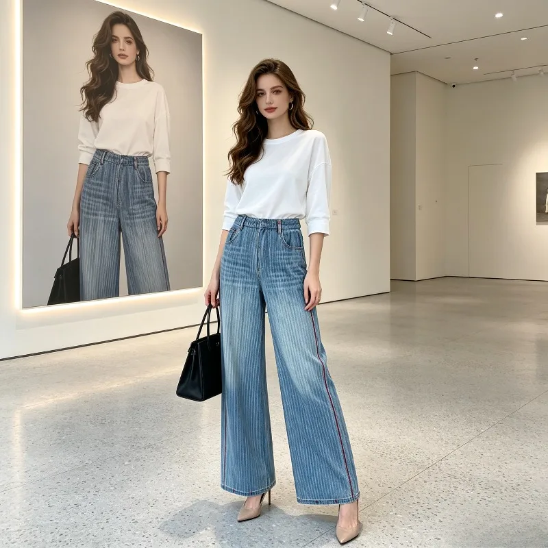 

Плиссированные джинсы Miyake для женщин, новинка 2026 года, с стразами, широкие штанины, высокая талия, прямые брюки для лета