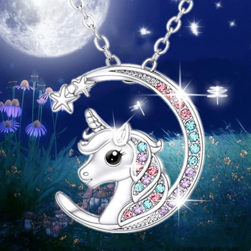 Fashion Unicorn Necklace Lovely Animal Jewelry Zircon Moon Pendant Luxury Necklaces for Women Birthday Party Anniversary Gift