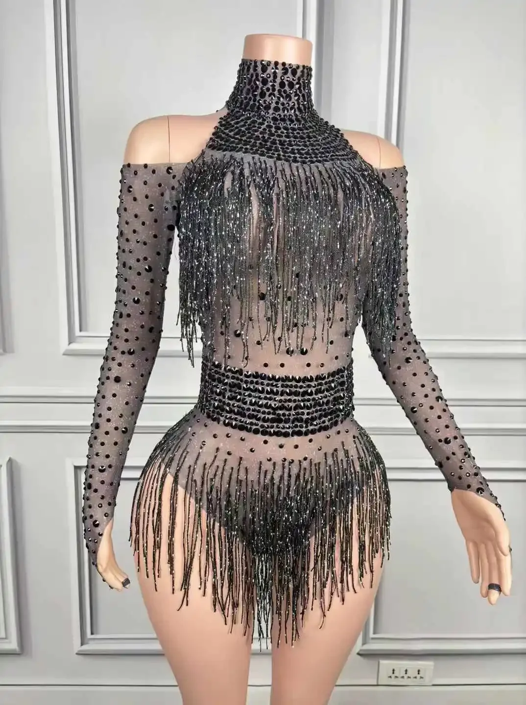 

Women Black Gold Sparkly Fringe Rhinesttone Bodysuits Goddess Senior Celebrate Body Suits