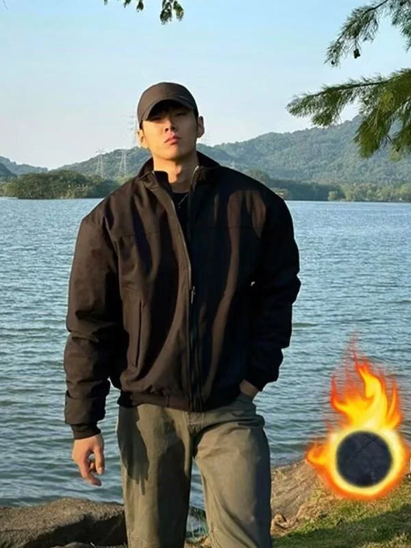 

Spring Bla Flight Jaet Cotton Workwear Men's Thiened ape Winter Coat Zipper Closure Long Sve Pure Color Warmth