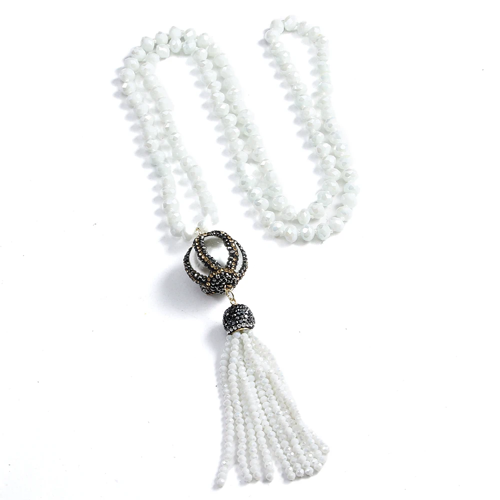 Fashion Bohemian Tribal Jewelry Black/White Crystal Glass Knotted Handmake Paved Big Ball and Tasse Necklaces