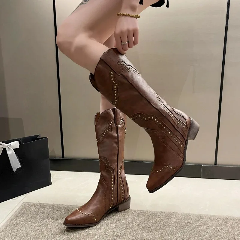 Retro Rivet Long Boots Women Low Heel Cowboy Chelsea Western Pu Leather Knee High Gothic New Ladies Shoes Vintage Brown Botas