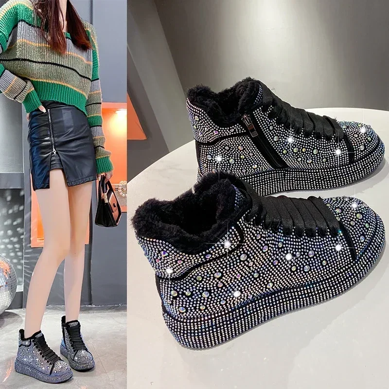 Fashion Sneakers Women Trend Autumn and Winter Platform Lace Up Rhinestone Women Casual Shoes Fashion Shiny Ladies Women's Boots