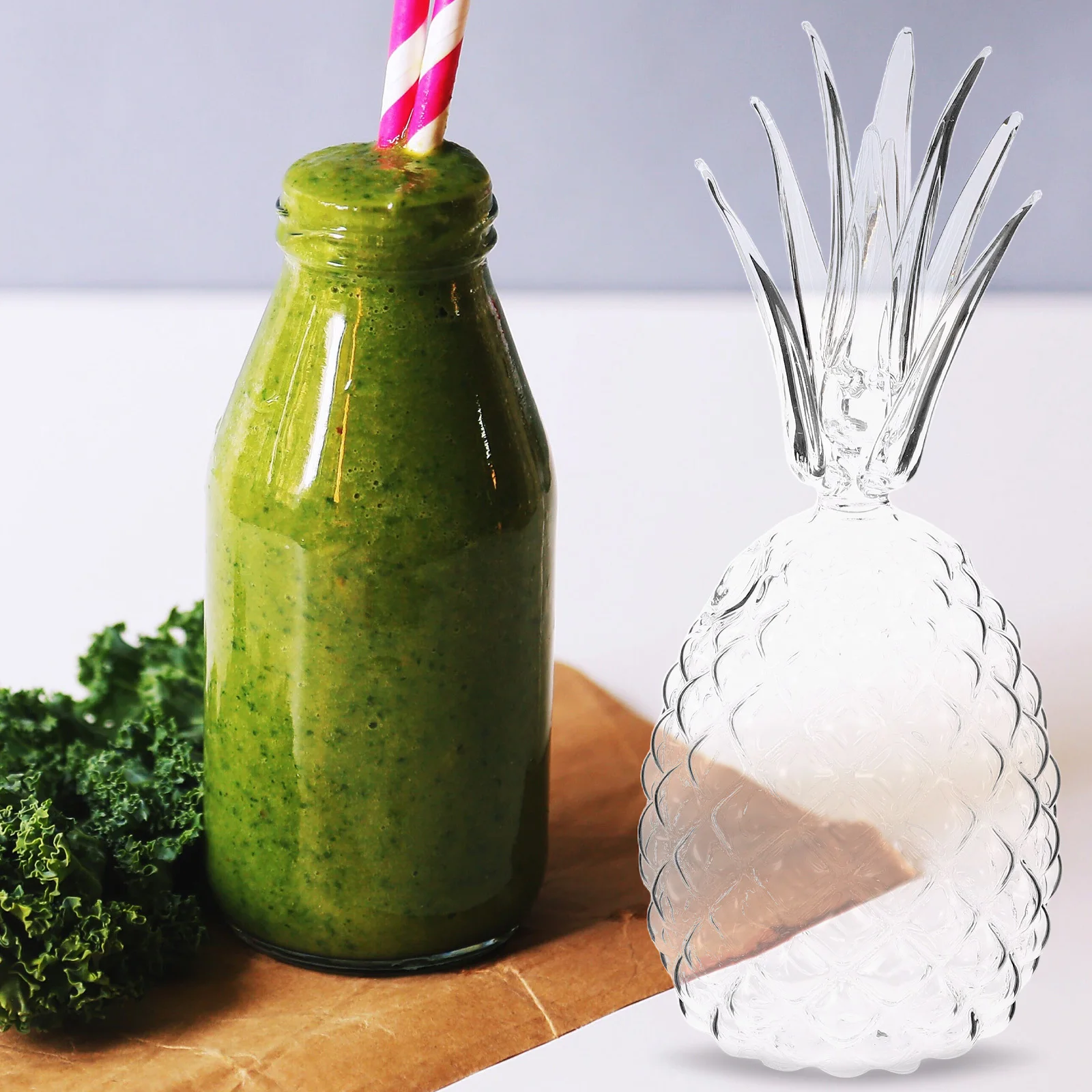 

Pineapple Shaped Glass Drinking Cup Straw Transparent Glass Juice Beverage Tropical Party Pool Summer Hawaiian Gathering