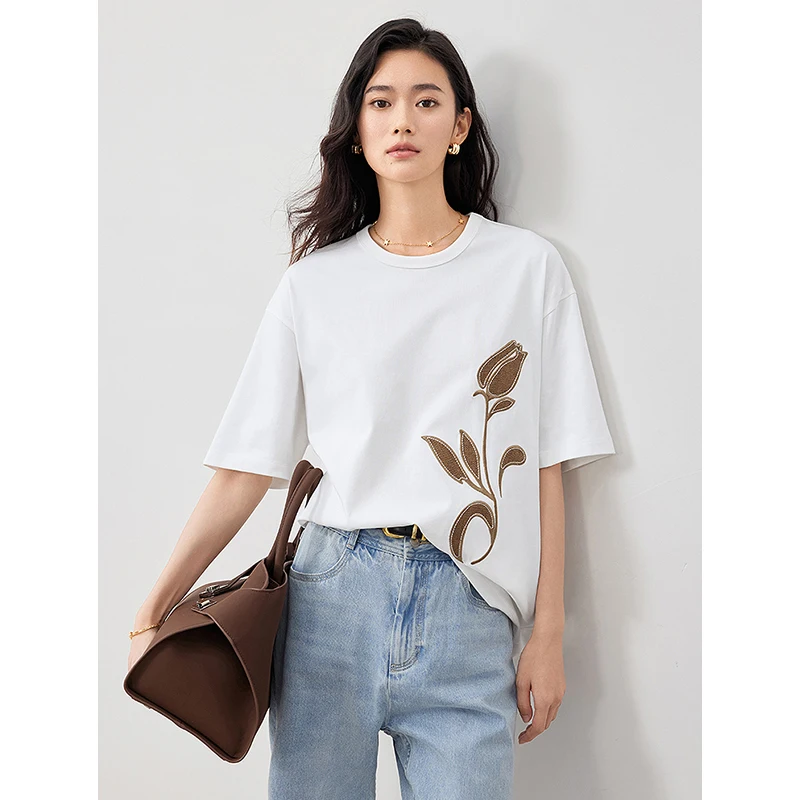 TOYOUTH Women Vintage Patch Embroidery T-shirt 2024 Summer Cotton Short Sleeved