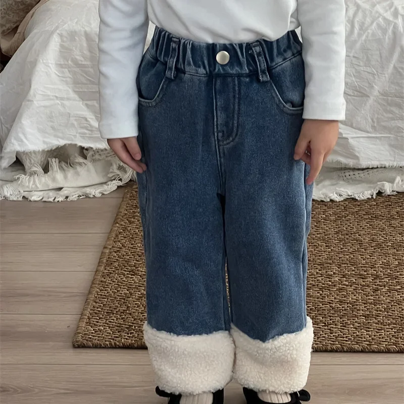 Warme Hosen für Mädchen Winter neue Mädchen mit Fransen und Samtjeans Kinder Verbundfleece einteilige Samthosen