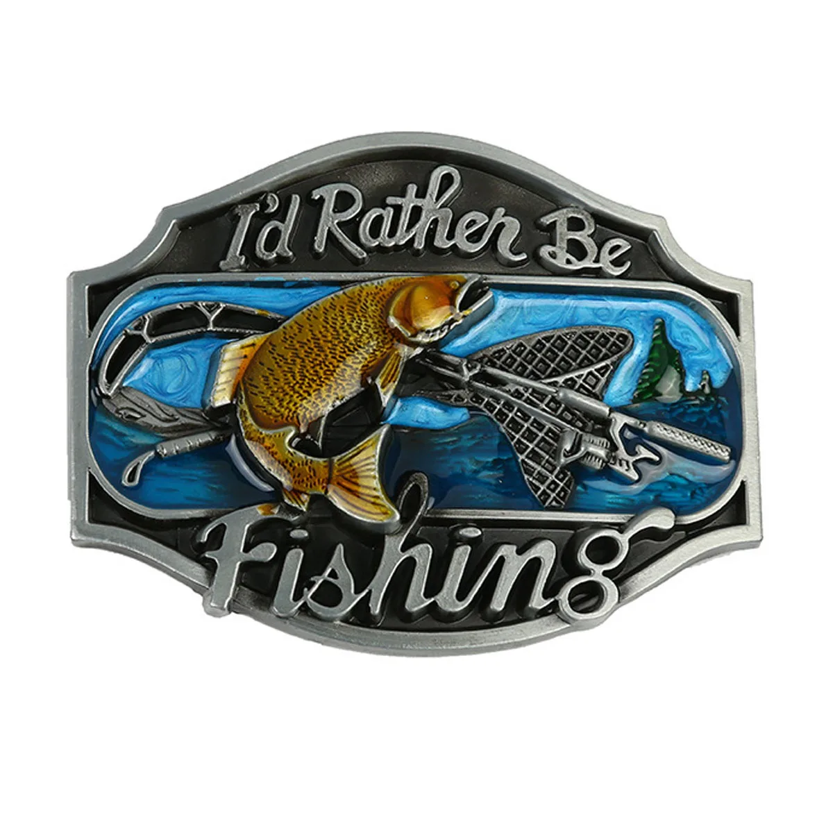 I'd Rather Be Fishing Belt Buckle 3D Enamel Trout Fish Fishing Rod Net Metal Belt Buckle Western Cowboy Belt Buckle for Men Jean