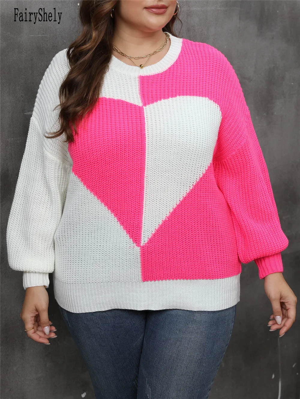 2024 Sexy Patchwork Plus Size Sweater Women Heart O-Neck Large Pullover Lady Loose Oversize Jumper Big Jerseys Curvy Knitwear