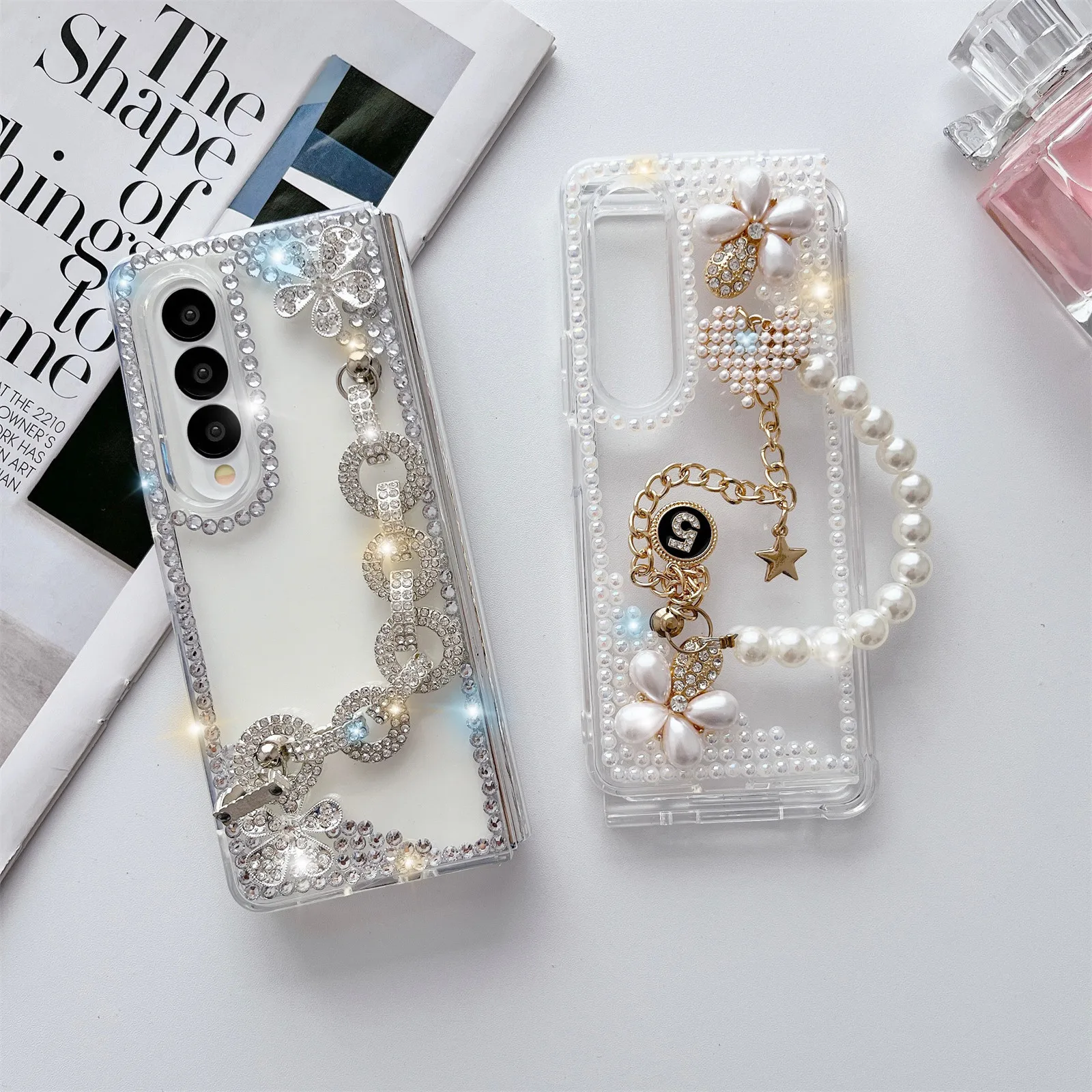 for Samsung Galaxy Z Fold 4 Case Cute for Women Girls Luxury 3D Handmade Sparkle Pearl Strap Chain Diamond Bling Glitter Cover