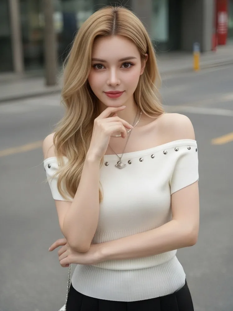 

Y2k Новый женский облегающий вязаный топ с короткими рукавами и короткими рукавами на плечах, элегантная модная тонкая повседневная футболка, трикотажный топ