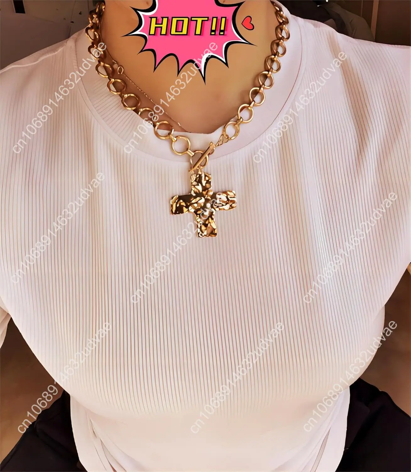 MQV Collana con croce audace martellata in oro con dichiarazione robusta, catena spessa, gioielli con ciondolo a catena vintage