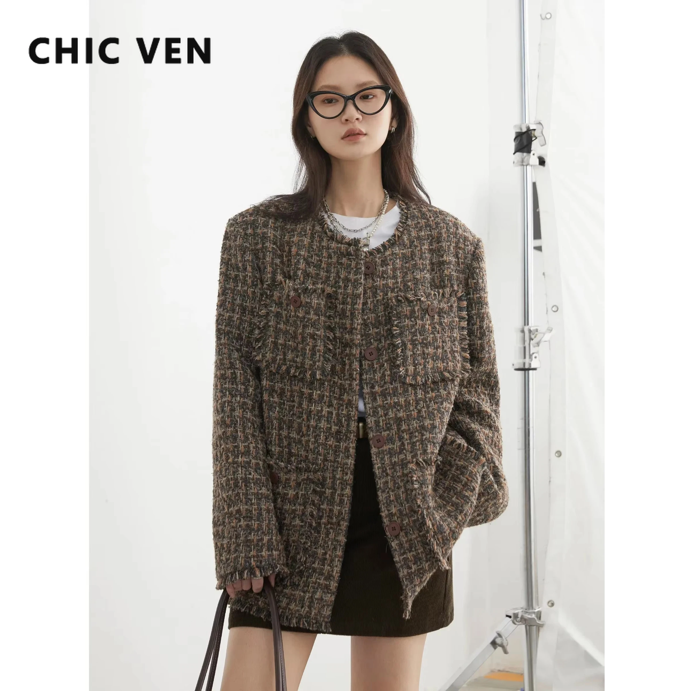 CHIC VEN Women Coat Single Breasted Retro Loose Jacket Frayed Edge Design Female Top Office Ladies Clothing Autumn Winter 2024