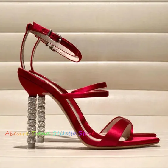 

Red Silk Thin Straps Silver Frosting Beads Heels Sandals Wedding High Heels Open Toe Metal Beading Heels Dress Banquet Shoes