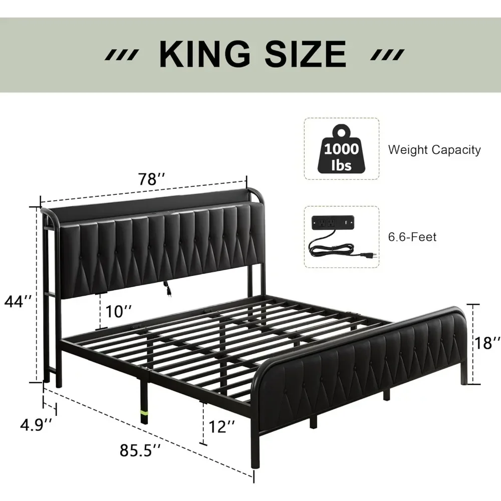 Leather king size bed frame, metal platform, cushioned headboard and footboard, 12 inch under bed storage, noise free, black