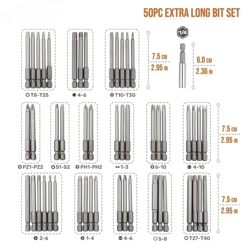 50 piecesof ultra long magnetic safety head screwdriver head set 1/4 screwdriver head tool set Torxstar hexagonal splinehead set