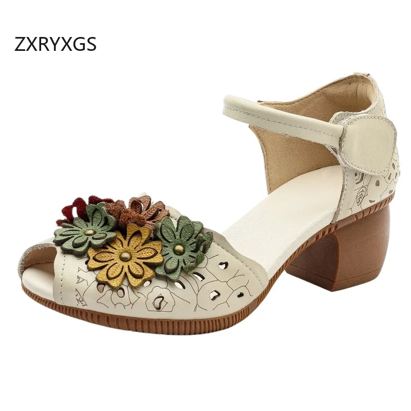 

ZXRYXGS Top Cowhide Fish Mouth Flower Sandals Fashion Shoes 2026 New Summer Women Wedding Banquet Sandals Thick Mid Heel Sandals