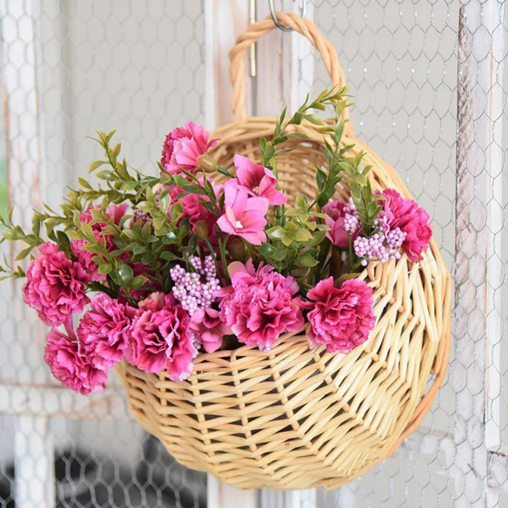 Wall Mount Hanging Woven Rattan Vase Baskets Handmade Wicker Flower Pot Flower Planter Cachepot Home Garden Vine Pots Baskets