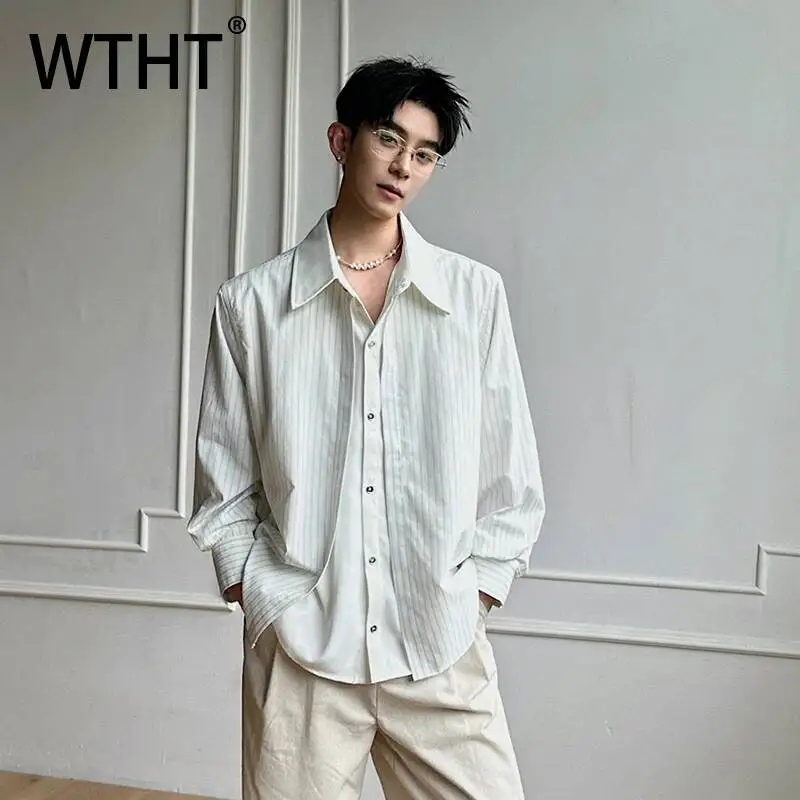 

WTHT Fashion Men's Striped Spliced Fake Two-pieve Design Shirts Trendy Long Sleeves Single Breasted Tops Male 2026 Summer 2A3055