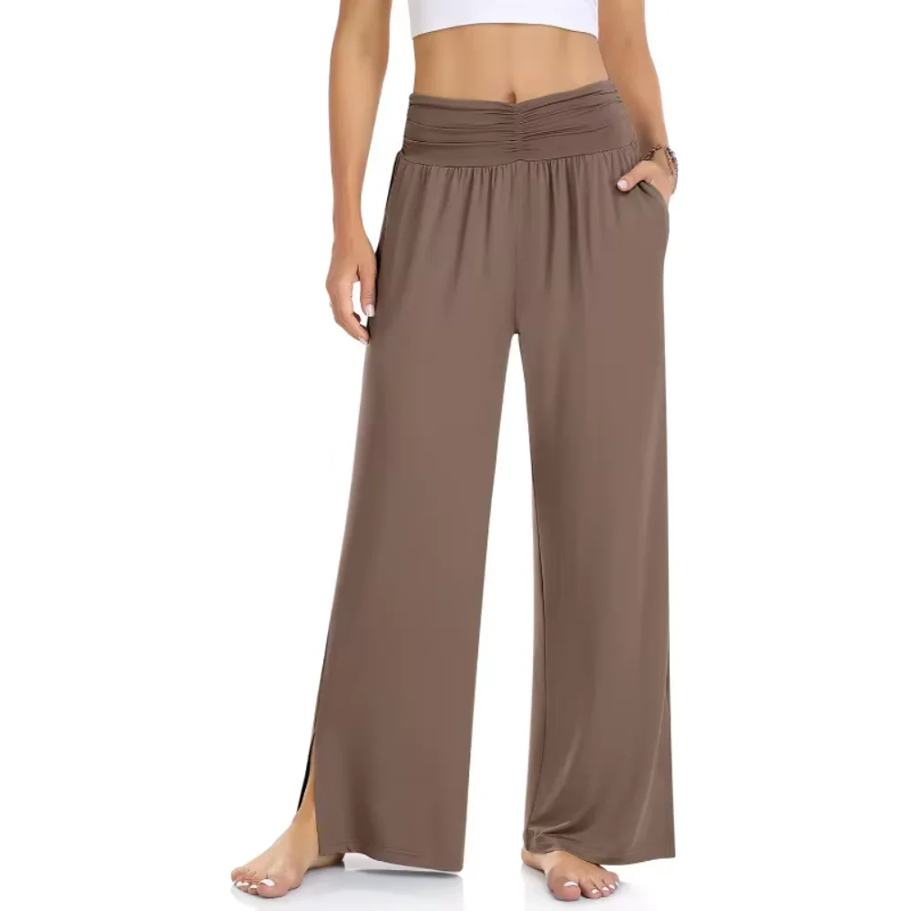 Fashionable and Casual Long Pants with Shirred Waist Wide Legs and Slit Ankles Plus Size Women\'s