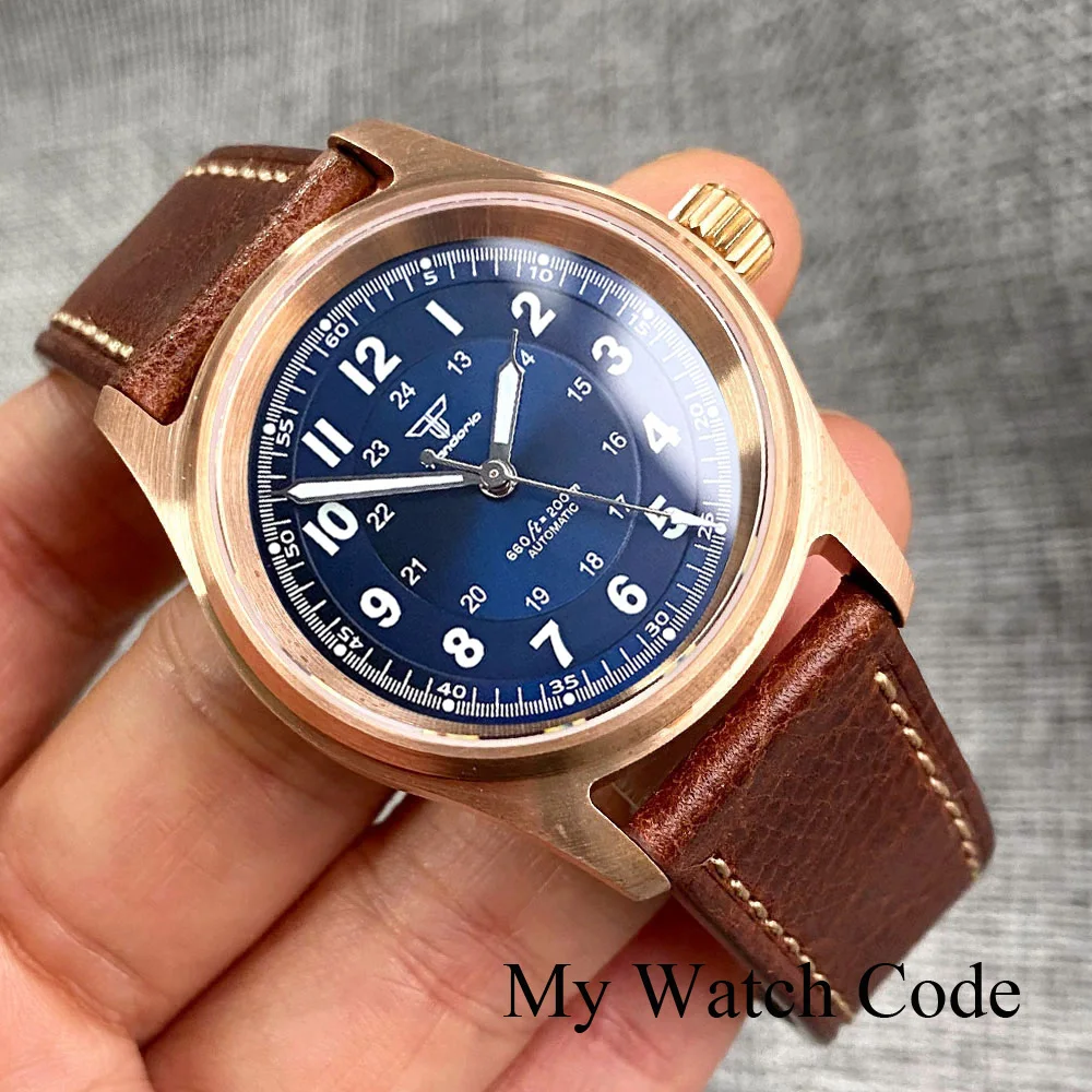 Men\'s genuine bronze pilot mechanical watch 200 meter deep diving bracelet Shoous flat sapphire outdoor gift NH35 36mm