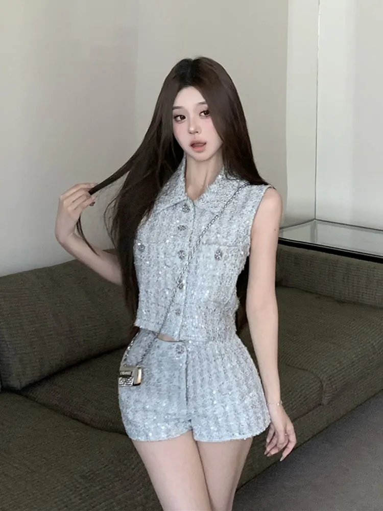 High Street Small Fragrance 2 Piece Sets Women Outfit Korean Fashion Vest Tops + Short Sets Summer Sweet Two Piece Pant Sets