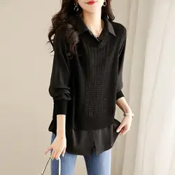 Vestuário feminino comute falso duas peças cor sólida polo-pescoço de malha blusas elegante emendado outono inverno coreano jumpers 2022