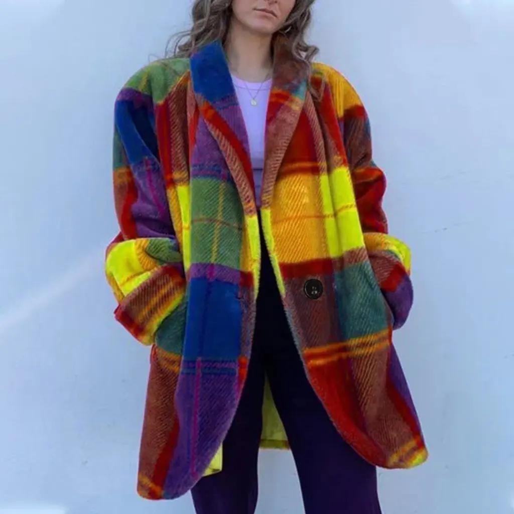 

Women's Long Sleeve Lapel Coat Autumn Fashion European American Style Color Matched Printed Woolen Outerwear
