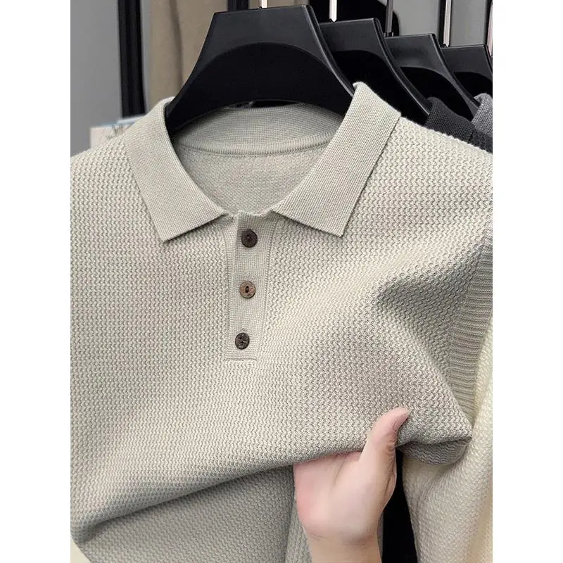 

Spring 2025 Men's Casual Knitted Long Sve irt Faionable Striped Sweater Premium Brand Turn-down Collar Warm Clothing