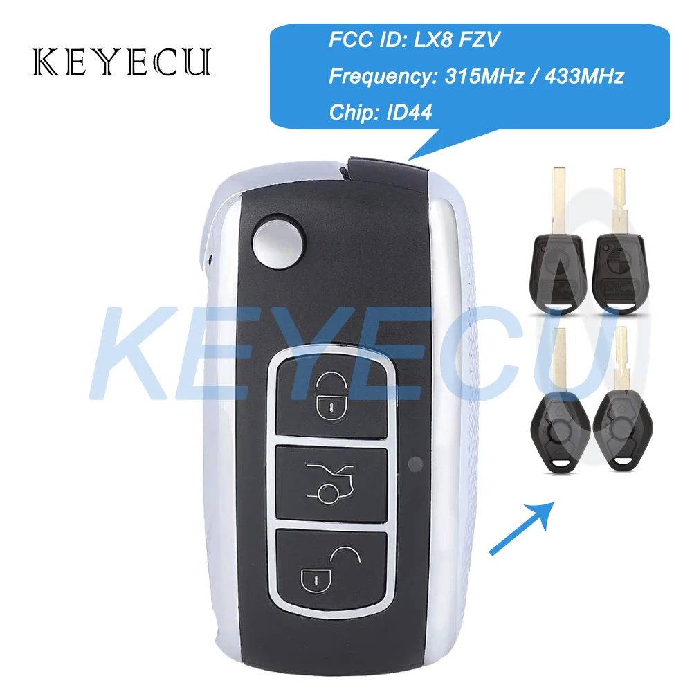 Keyecu For BMW EWS E31 E32 E34 E36 E38 E39 E46 X3 X5 Z3 Z4 1/3/5/7 Series Upgraded Flip Remote Key Fob 315MHz 433MHz ID44 Chip