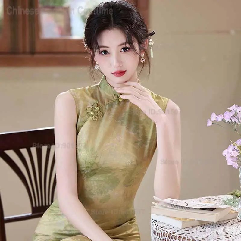 Women Sexy Green Exquisite Qipao Print Flower Mandarin Collar Cheongsam Slim Elegant Chinese Dress Dance Party Novelty Vestidos view 3