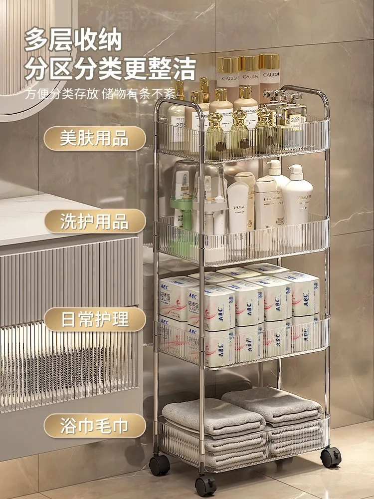 

Light Luxury Storage Rack Trolley 4 Layers Transparent Acrylic Rolling Cart With Removable Hanging Baskets Snacks Bookshelf