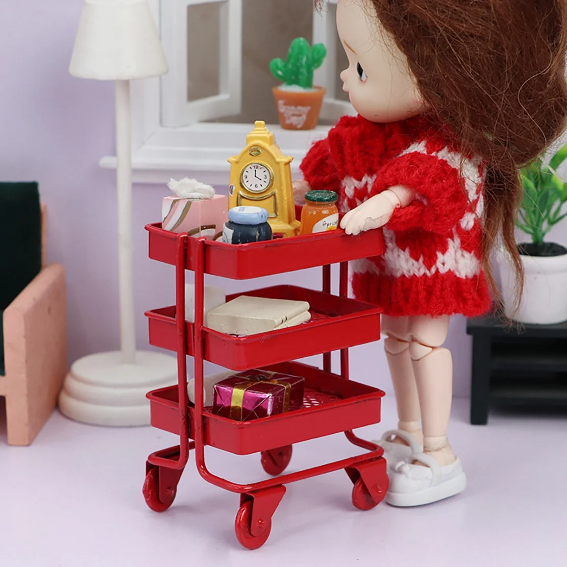 1/12 Scale Miniature Dollhouse Rolling Cart Storage Organizer Mini Kitchen Furniture Dollhouse Accessories,Red