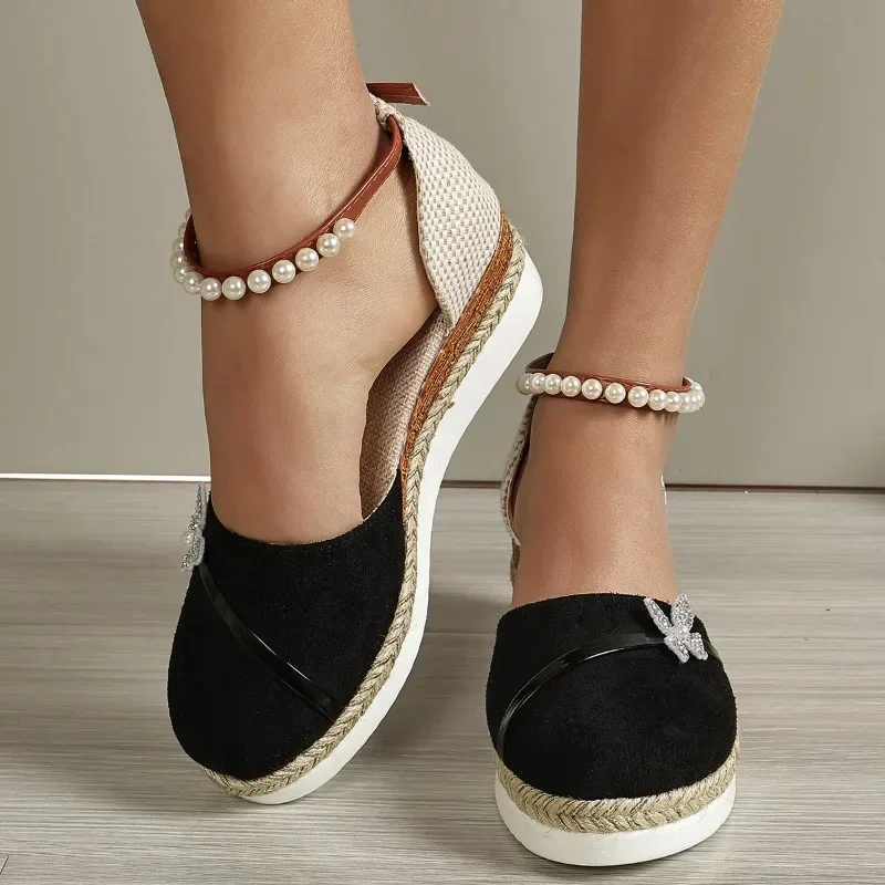 New 2024 Summer Women Butterfly Pearl Linen Plain Wedge Sandals Bohemian Ladies Casual Comfortable Espadrilles Platform Shoes image 2