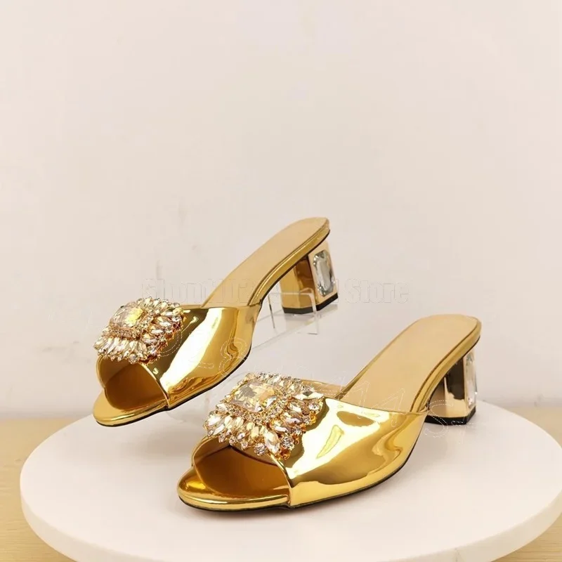 

Gold Crystal Button Patent Leather Slippers Slip On Women Shoes Chunky High Heels Party Banquet Dating 2025 Zapatos Para Mujere