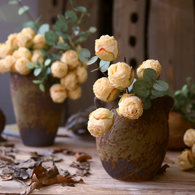 Artificial Flowers Retro Burnt Edge Roses Silk Fake Flower Home Living Room Decoration Simulation Rose Wedding Decora Floral