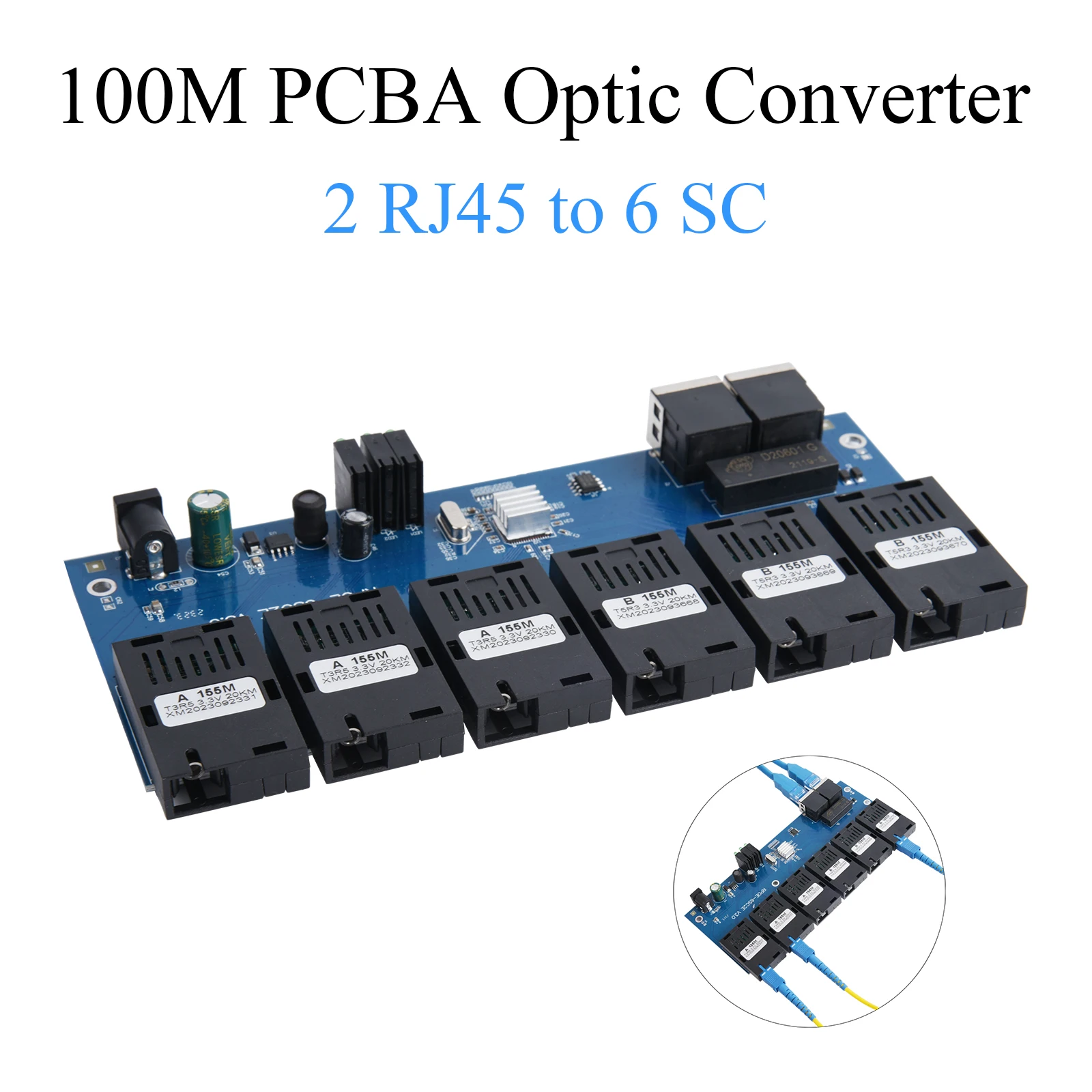 

100M PCBA Board Fiber Optic Media Converter 2 RJ45 to 6 SC Optic Connector 1310nm/1550nm 3A+3B Ports 20KM Ethernet POE Switch