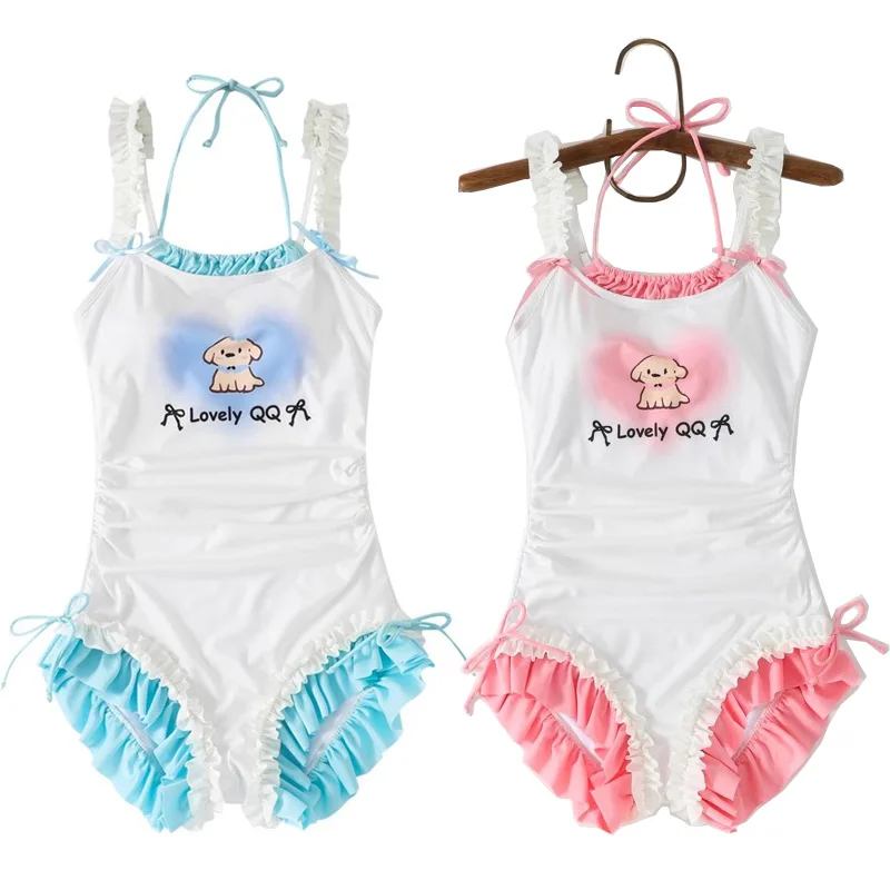 Ruffle Halter Vest Swimsuit Bikini One-Piece Monokini Push Up New Sweet Lolita Swimwear Girls Padded Beach Wear Swimming 2026