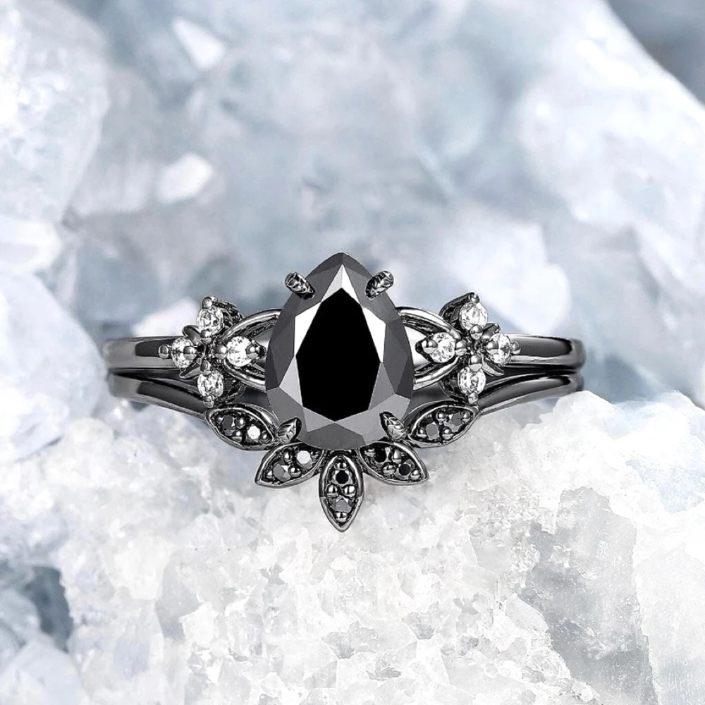 2Pcs Gothic Black Zircon Stone Ring Set