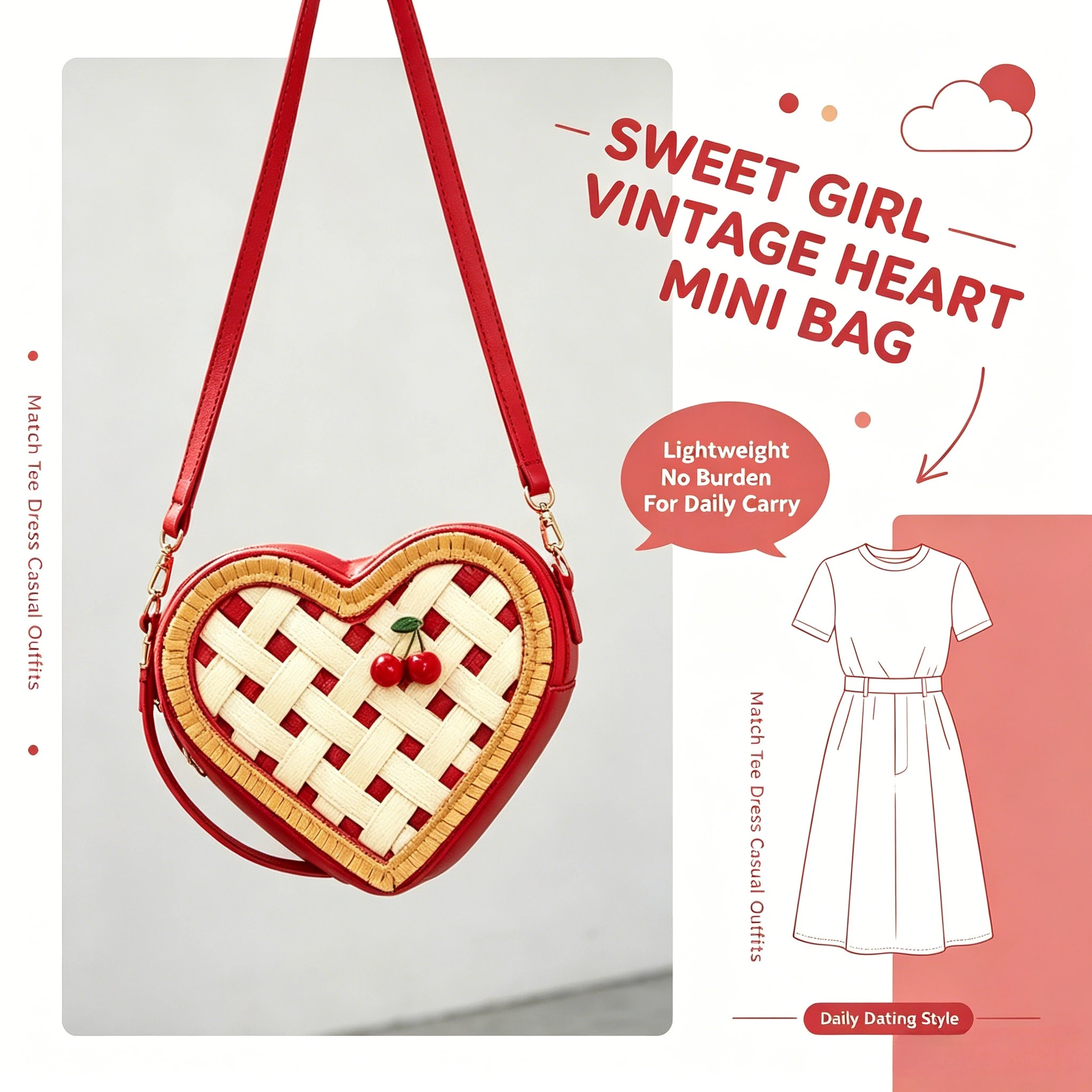 Red Heart Shaped Cherry Pie Crossbody Bag, Cute Cherry Ornament Kawaii Sweet Dessert Inspired Shoulder Bag for Women & Girls