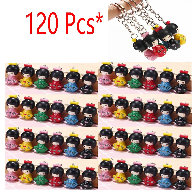 120 pcs/Lot Japanese KOKESHI Doll Key chain Metal Key Ring Charms Party Gifts