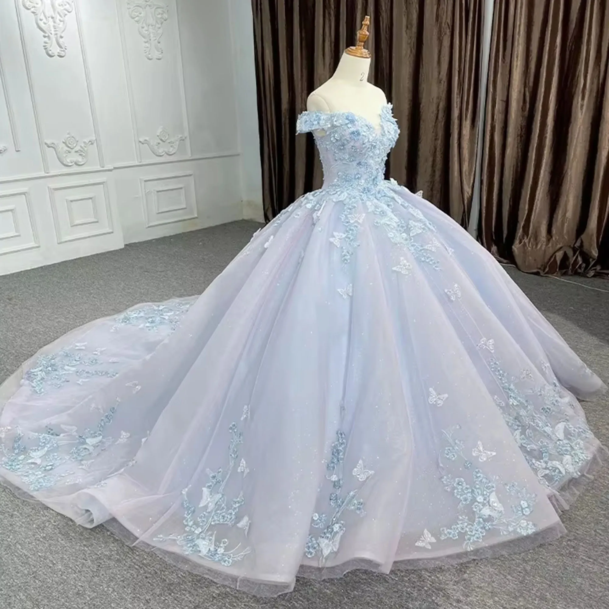 Lace Flowers Blue Ball Gown 15 Year Old Quinceanera Dresses Princess Customized Party Dress Off Shoulder Vestidos De Fiesta